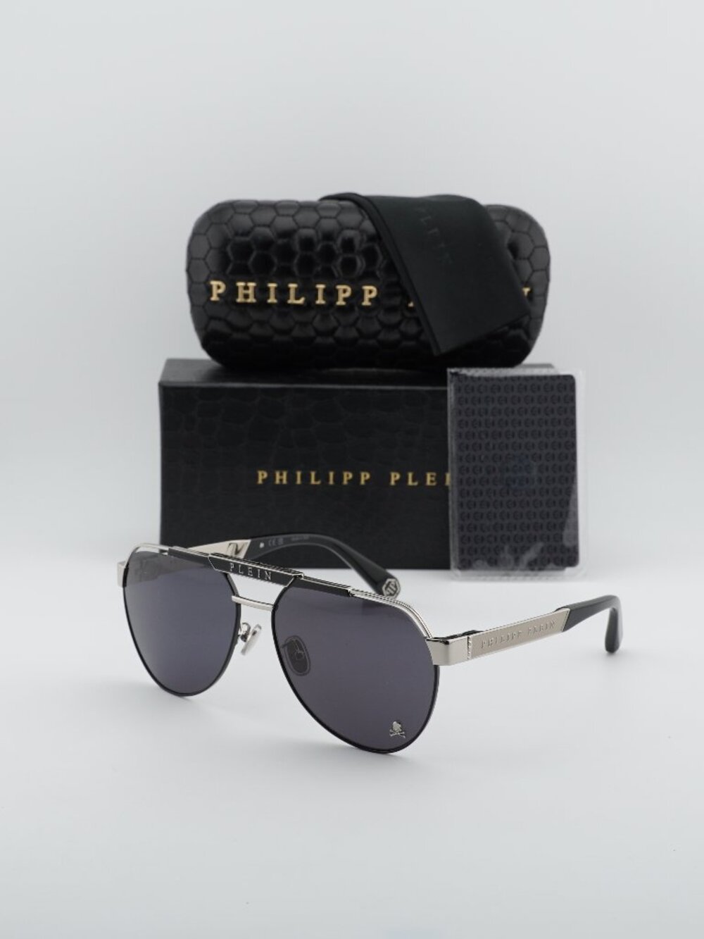 Philipp Plein SPP073M 0583 Aviator Sunglasses – Palladium / Smoke